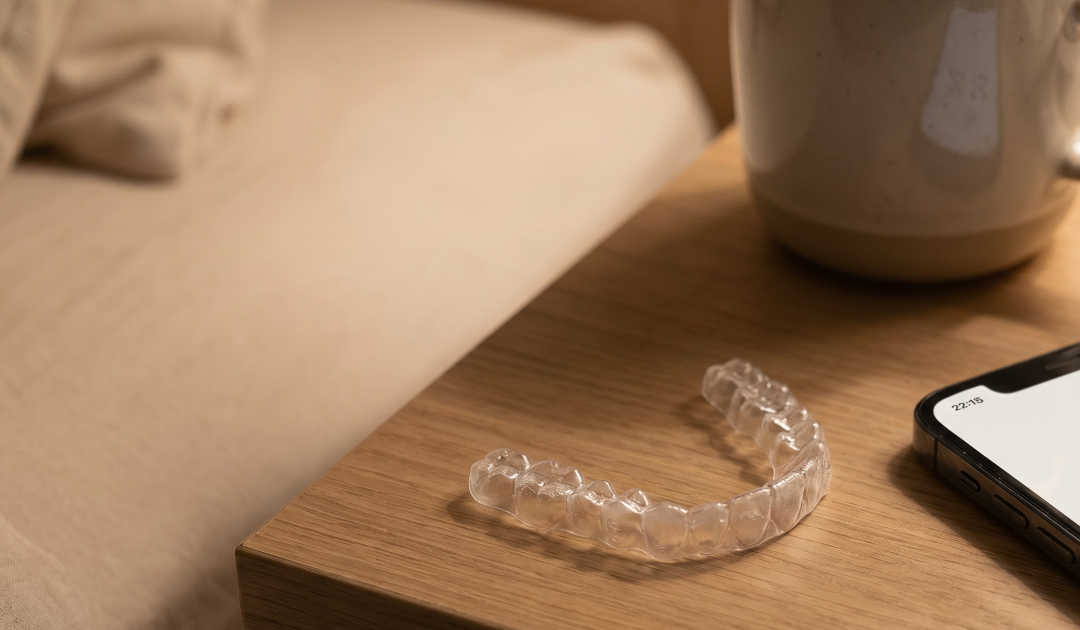 clear aligner case open on a table next to a meal showing the importance of wearing aligners consistently