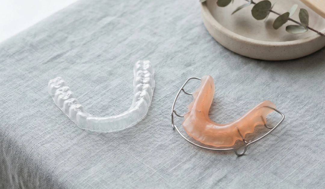 Clear retainer and hawley retainer lying flat on a table