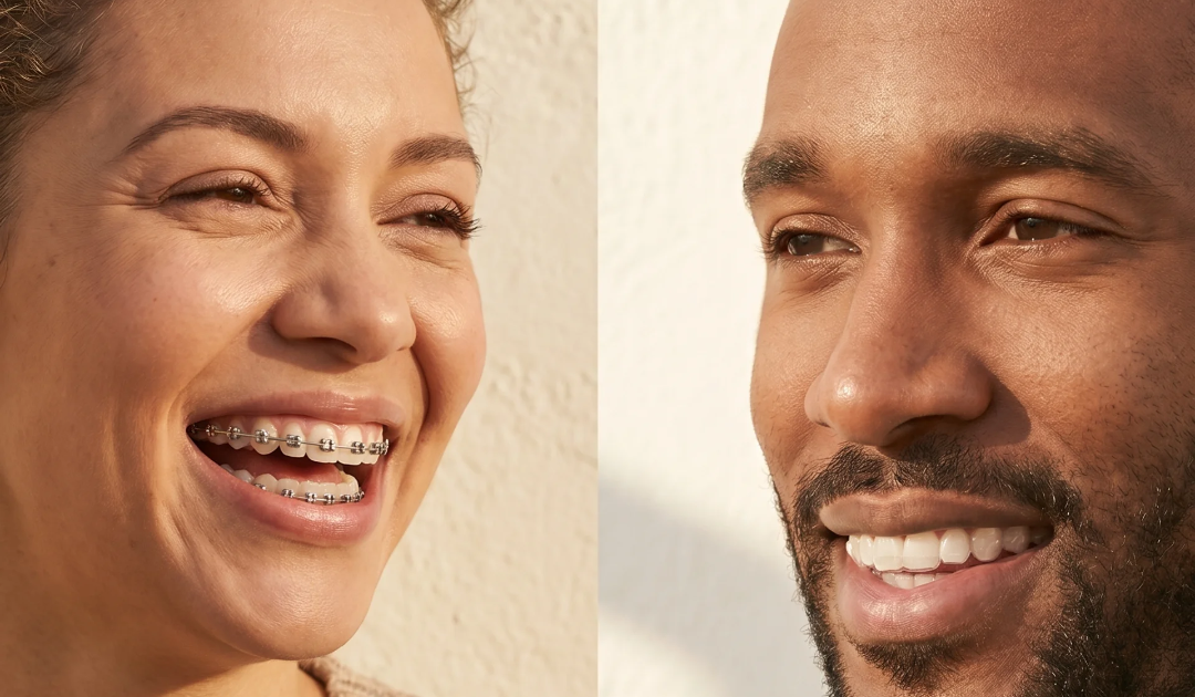 Split screen image of a woman and man wearing aligners and braces to compare