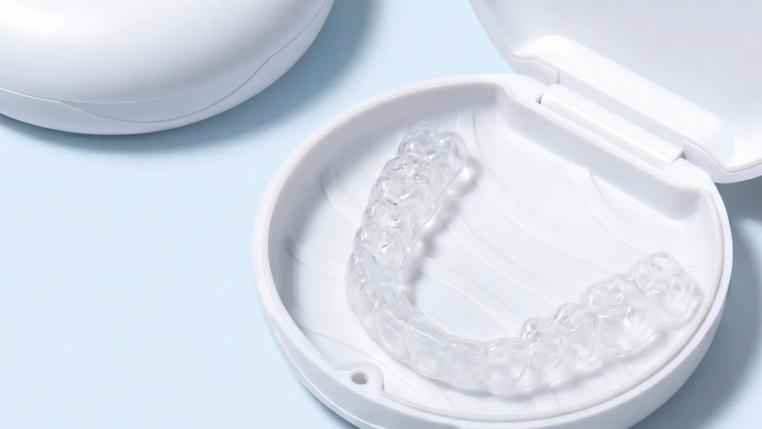 clear retainer sitting in white dental carry case