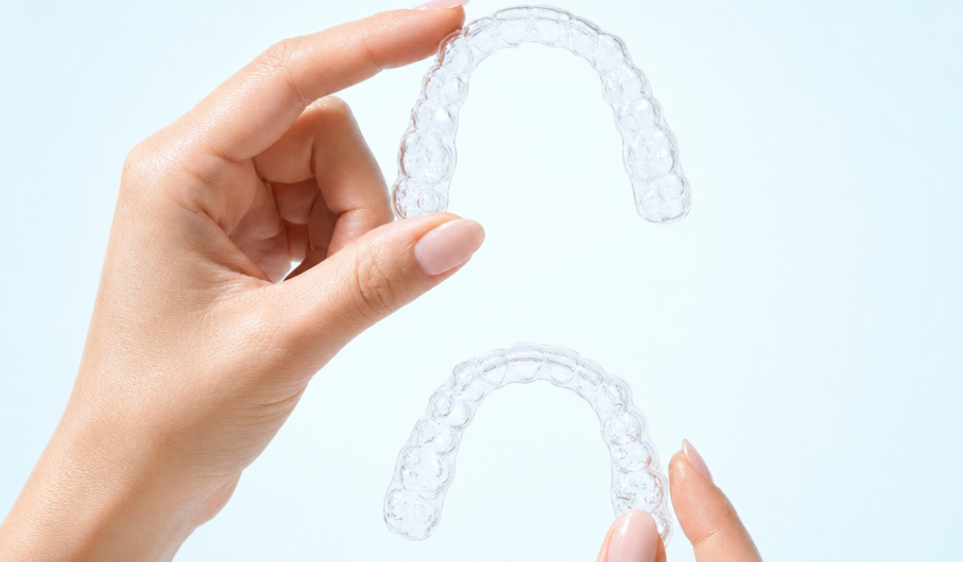 two clear retainers held up by hands against a light blue background