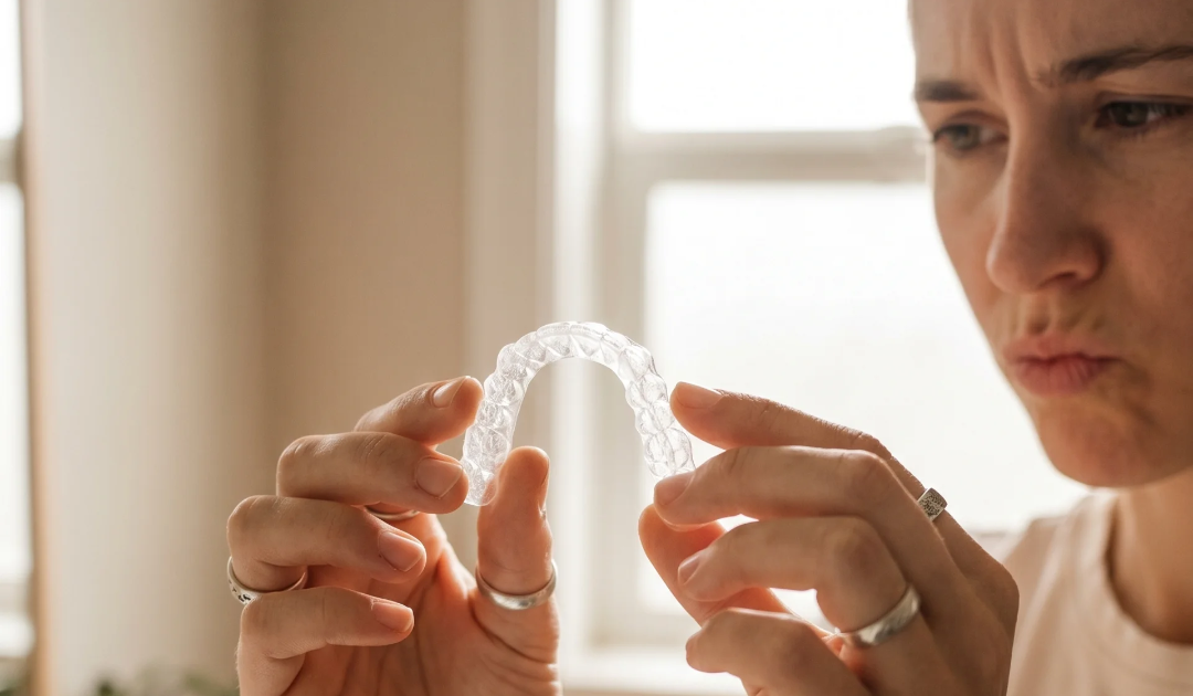 Image of a woman inspecting a retainer for possible replacement