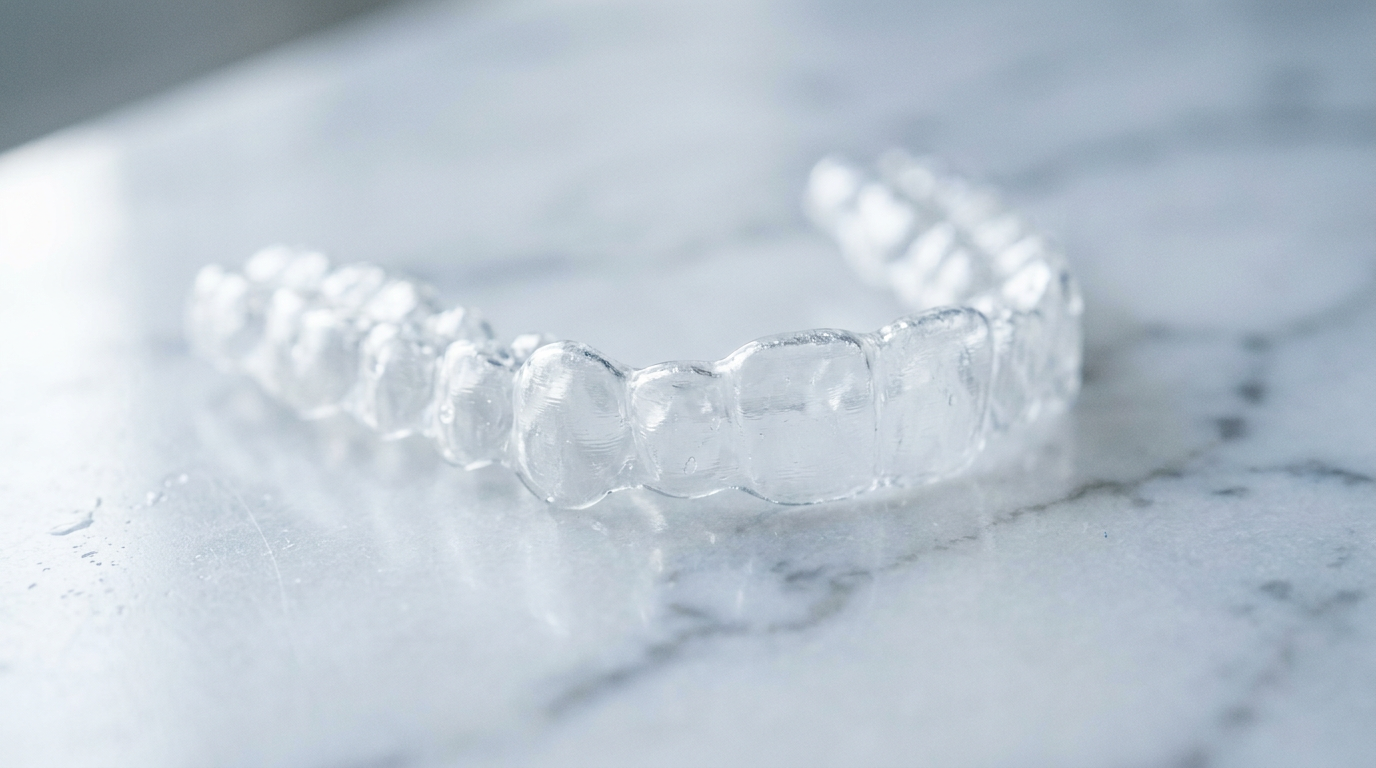clear dental aligner tray resting on a white marble surface in soft natural light, Jawology