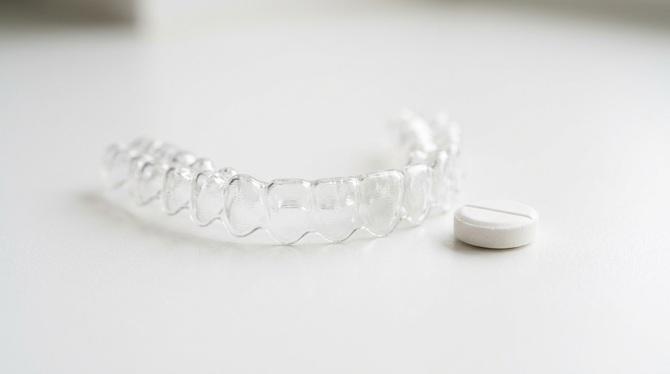 clear aligner tray beside a white tablet on a clean white surface, Jawology