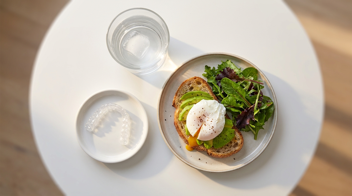 overhead flat-lay of clear aligner tray, glass of water and fresh meal on white surface, Jawology