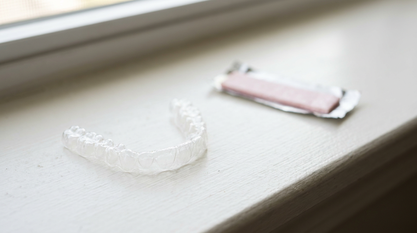 clear aligner tray beside a stick of gum on a white surface, Jawology