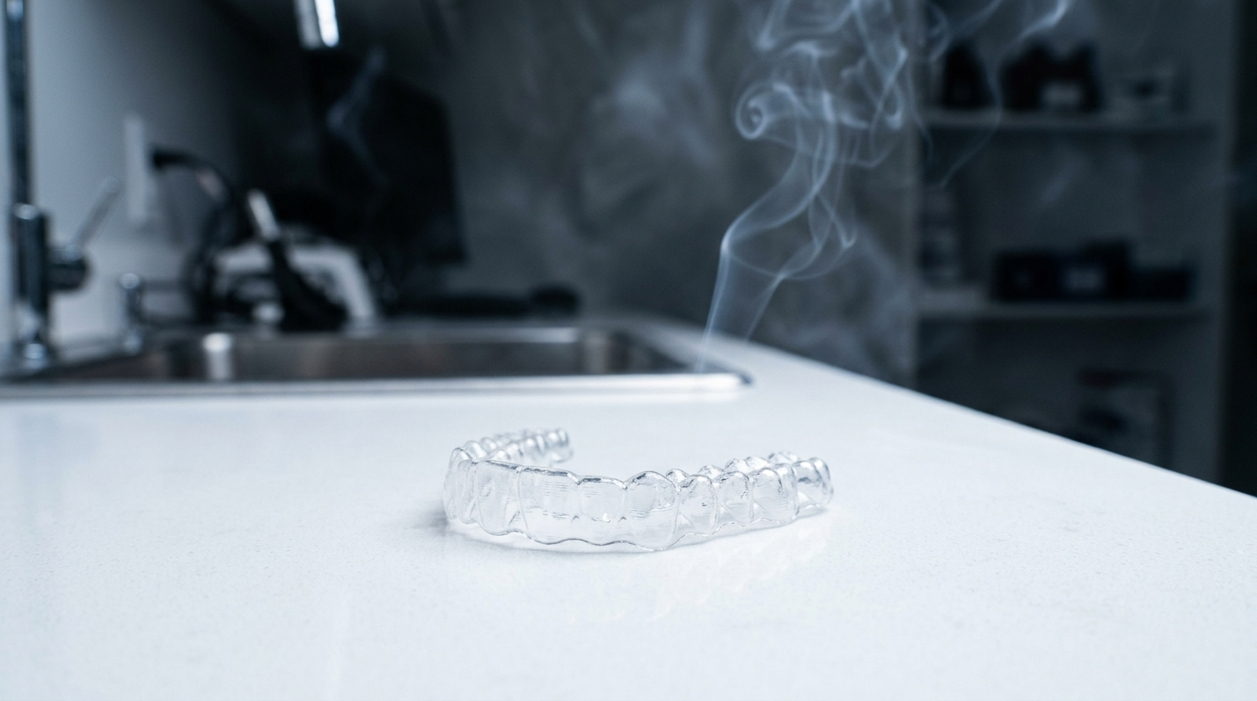 pristine clear aligner tray on white surface with smoke curl in blurred background, Jawology