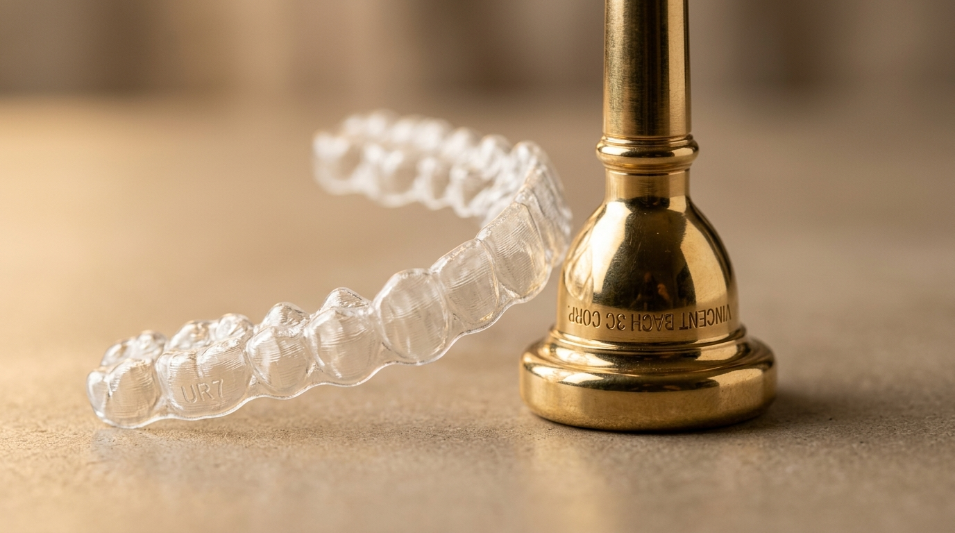 clear aligner tray beside a brass instrument mouthpiece on neutral surface, Jawology
