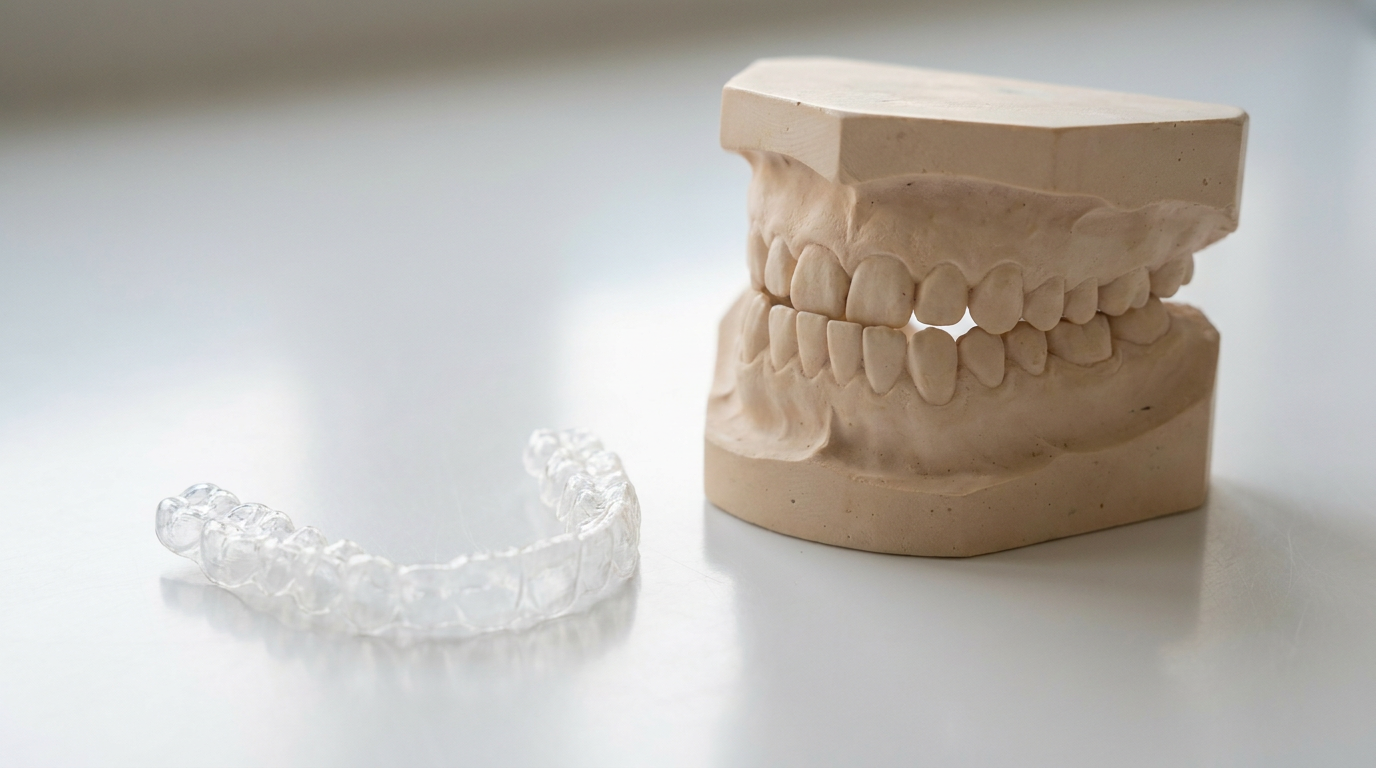 dental study model showing underbite with clear aligner tray beside it on white surface, Jawology