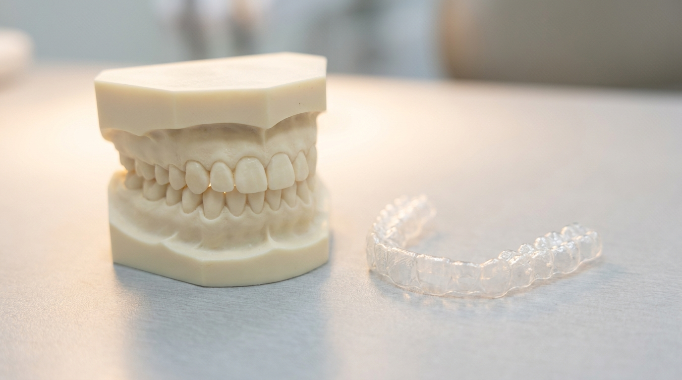 dental model showing crossbite tooth relationship beside a clear aligner tray, Jawology