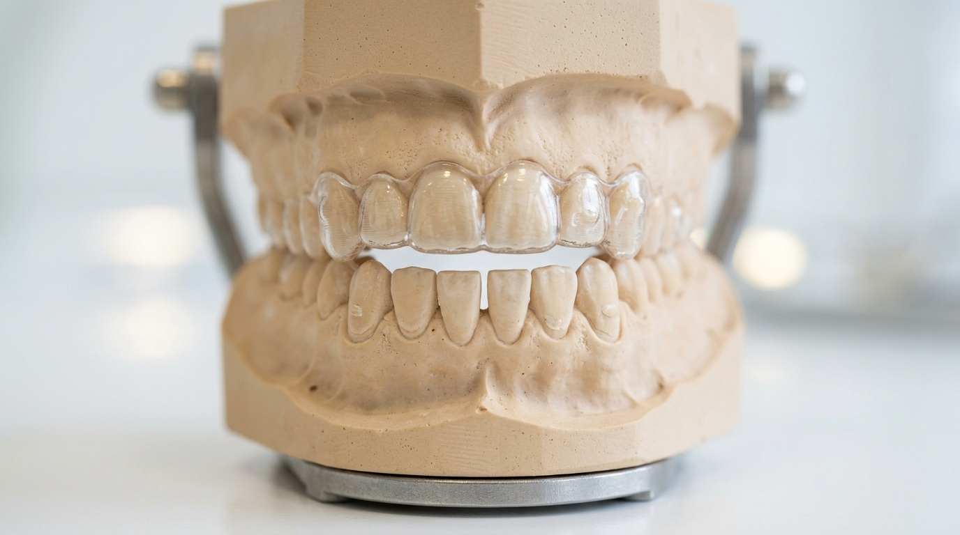 dental study model showing open bite gap with clear aligner tray on white surface, Jawology