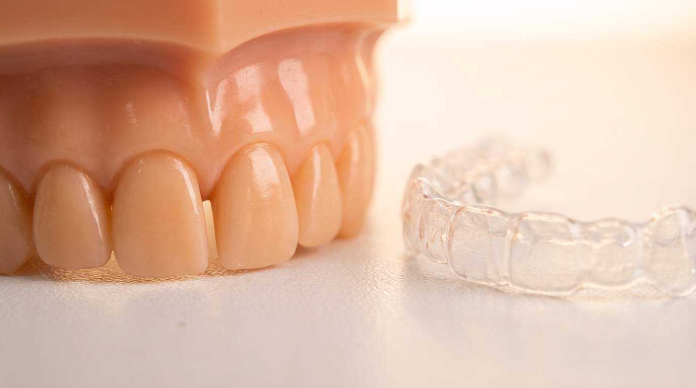 dental model showing gap between upper front teeth beside a clear aligner tray, Jawology