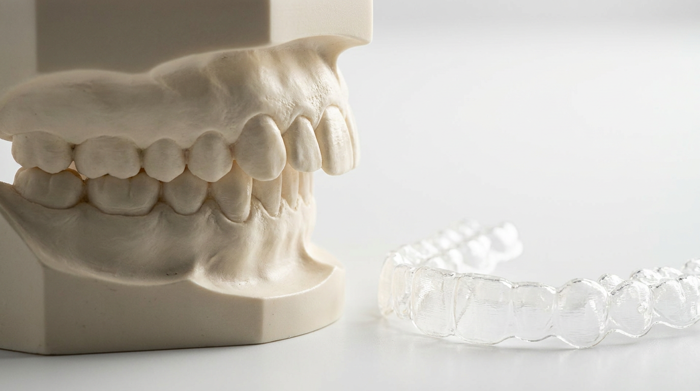 dental model in profile showing deep overbite beside a clear aligner tray on white surface, Jawology
