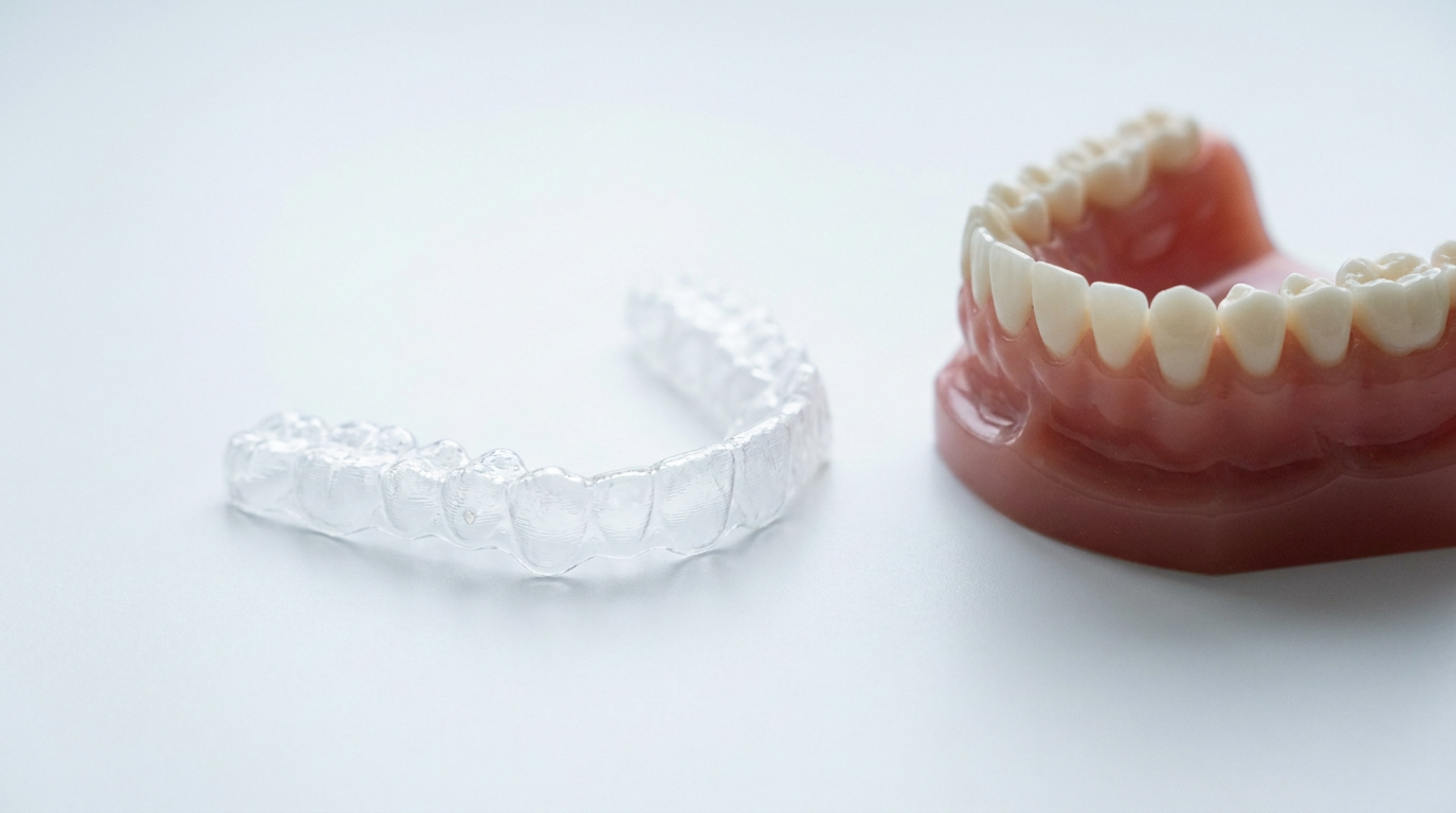 clear aligner tray beside a small anatomical jaw model on white surface, Jawology