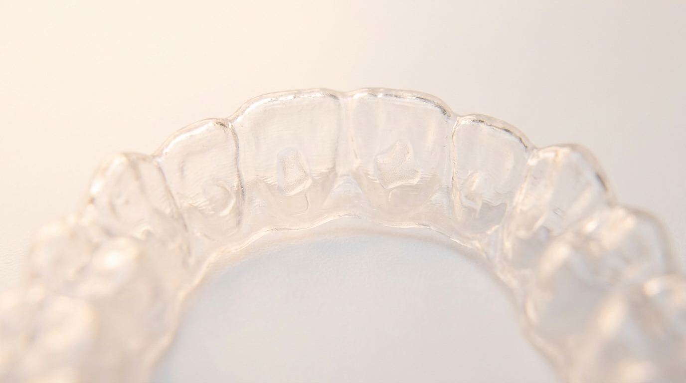 macro close-up of clear aligner tray showing raised attachment shapes inside, Jawology