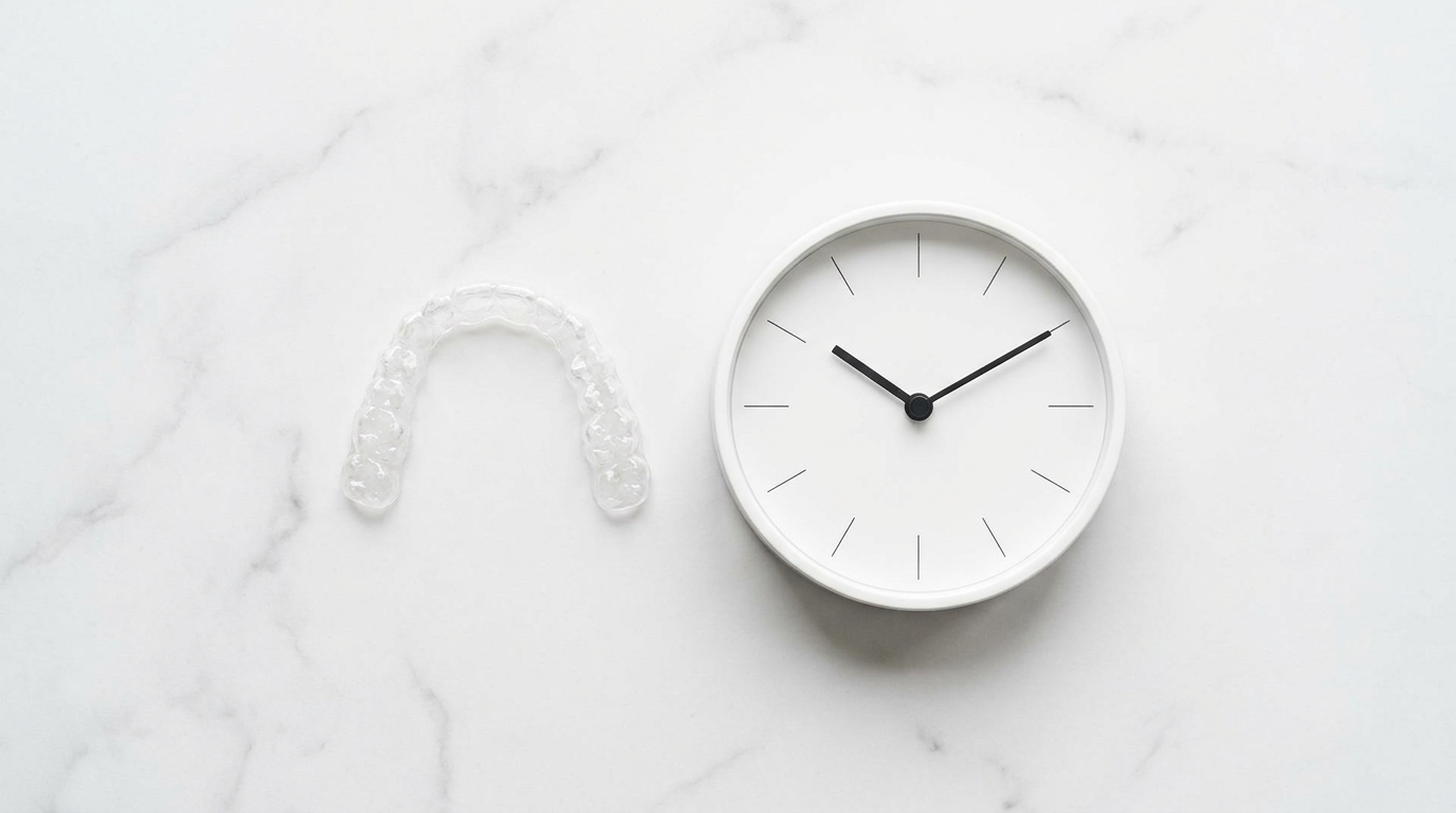 clear aligner tray beside a minimalist white analog clock on marble surface, Jawology