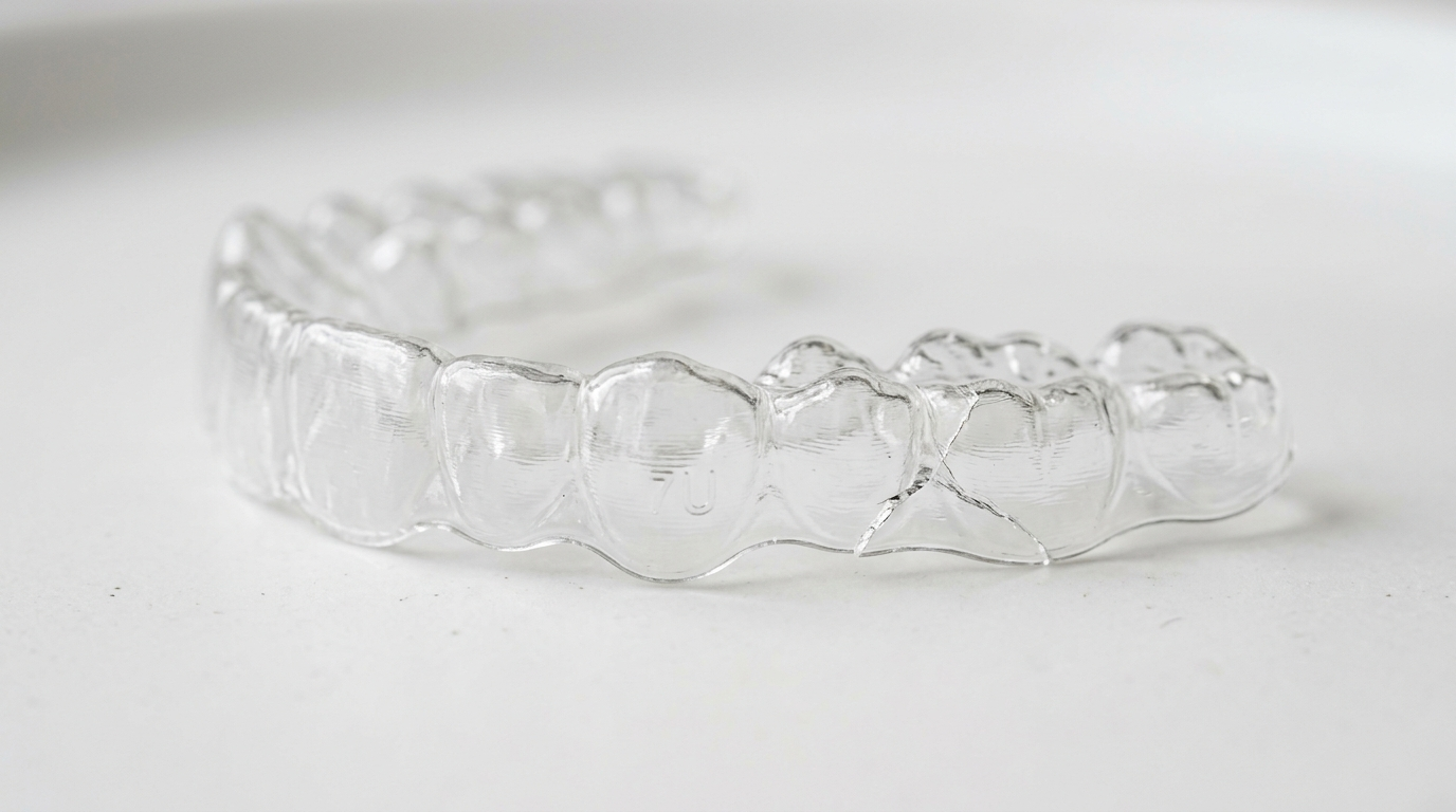 clear aligner tray with hairline crack along one edge on white surface, Jawology