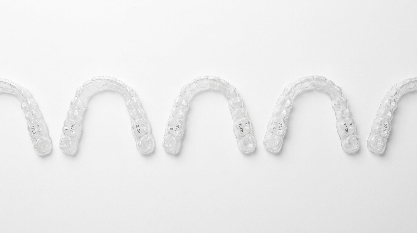 sequence of numbered clear aligner trays on white surface with one position empty, Jawology