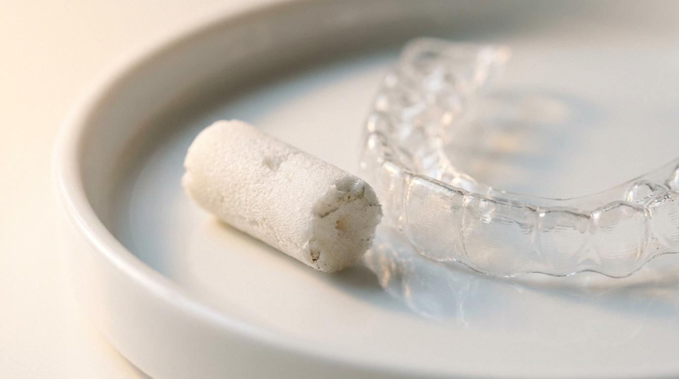 small cylindrical aligner chewie foam roll beside a clear aligner tray on white surface, Jawology