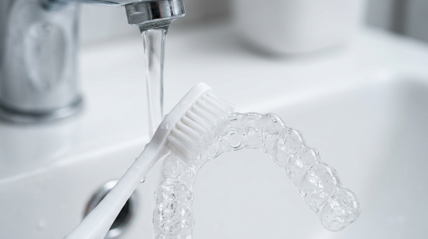 clear aligner tray being cleaned with a soft toothbrush under cool water, Jawology