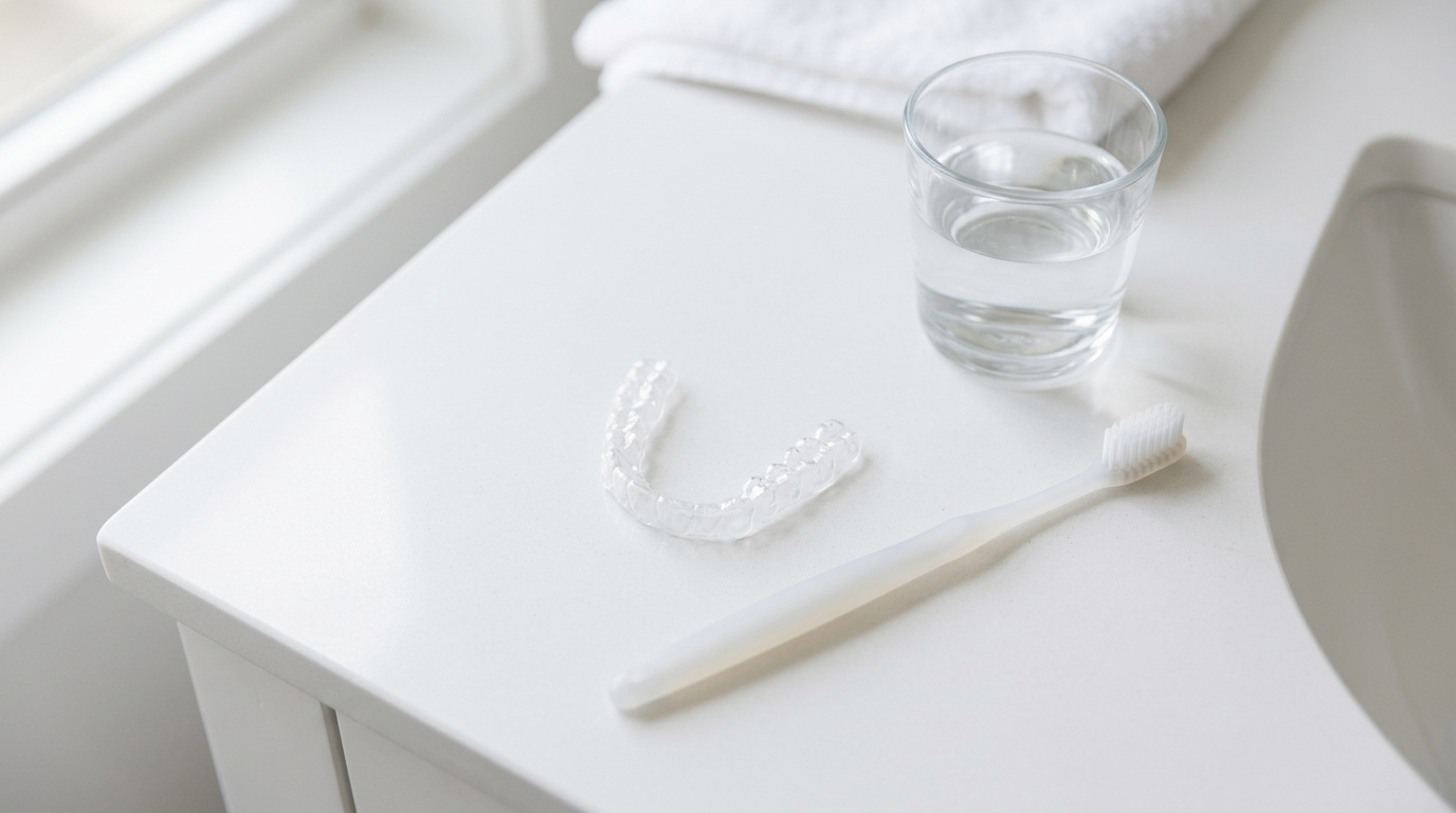 clear aligner tray, soft toothbrush and glass of water arranged on white bathroom surface, Jawology