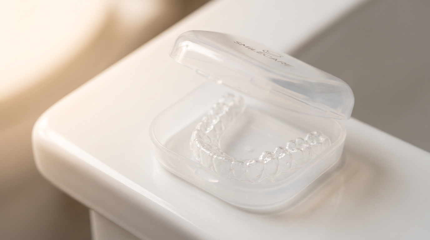 open white aligner retainer case with pristine clear retainer inside on white surface, Jawology