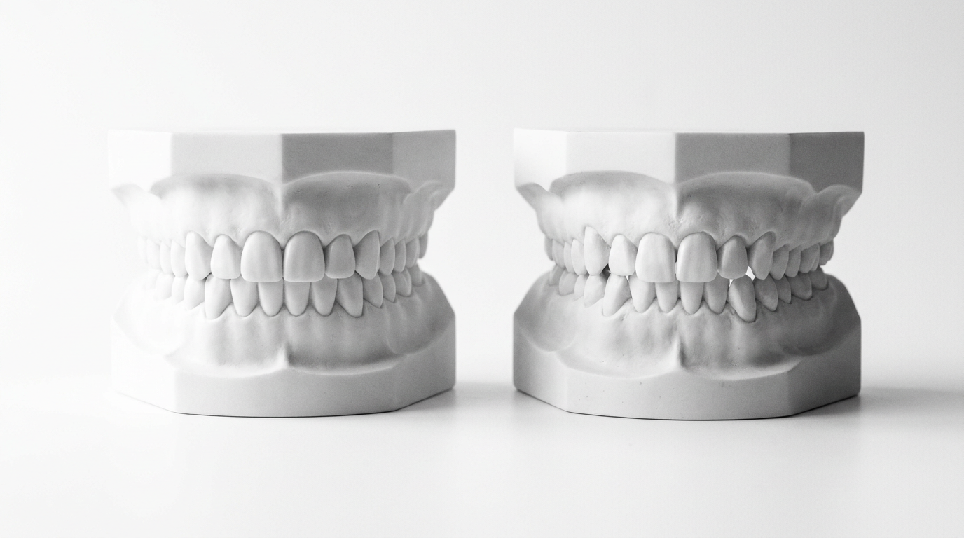 two dental models side by side showing straight teeth versus slight relapse rotation, Jawology