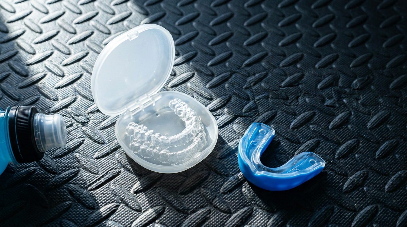 open clear aligner case beside a sports mouthguard on a gym mat with athletic equipment, Jawology