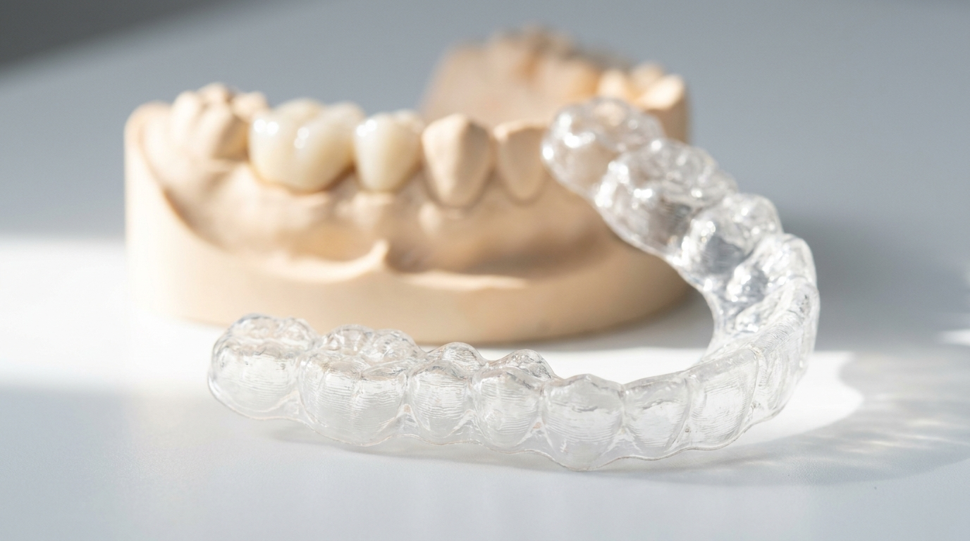 full clear aligner tray in foreground with dental model showing porcelain crown in background, Jawology