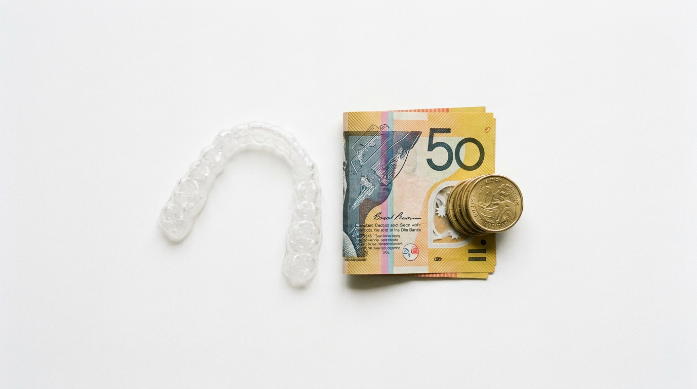 clear aligner tray beside a folded Australian fifty dollar note and gold coins on white surface, Jawology