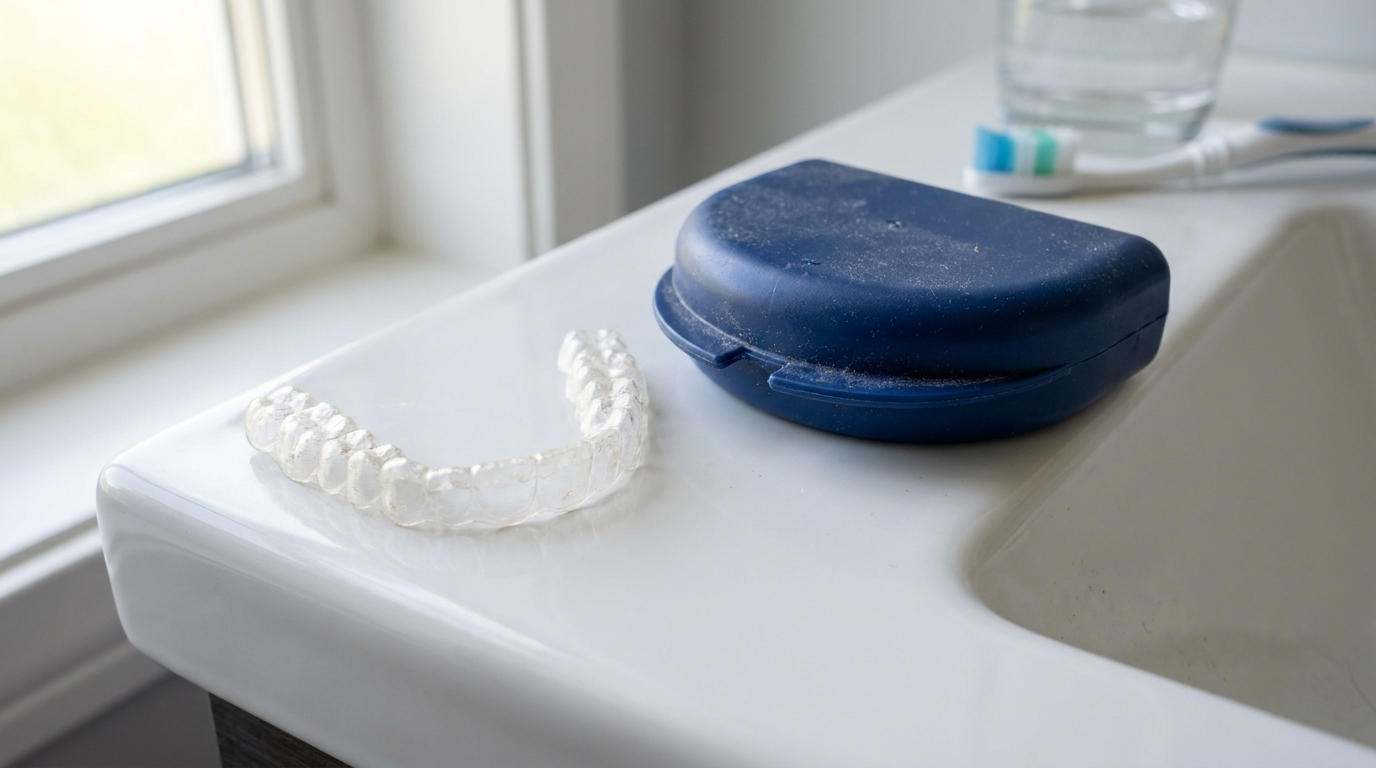 Clear retainer tray beside a dusty retainer case on a bathroom counter