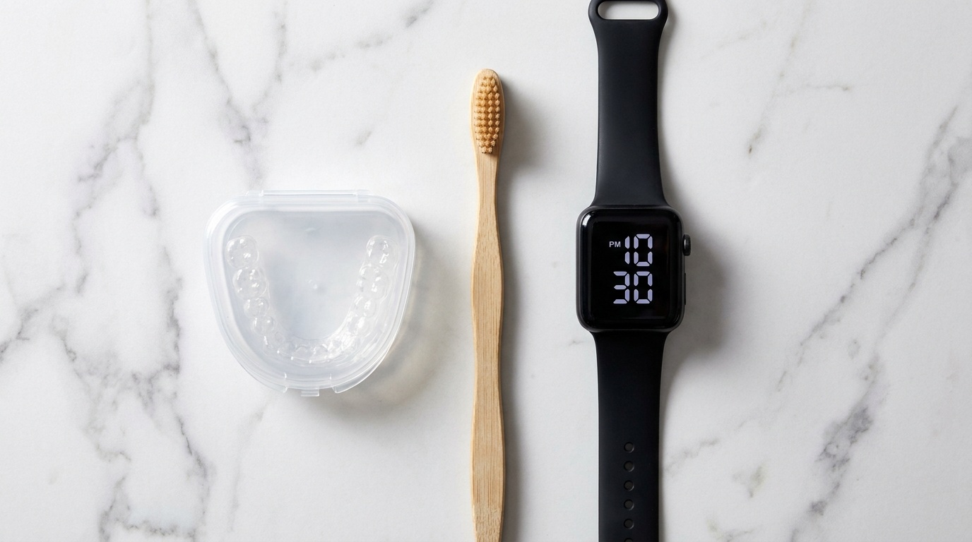 Flat lay of a clear retainer case, toothbrush, and digital watch on a marble bathroom vanity