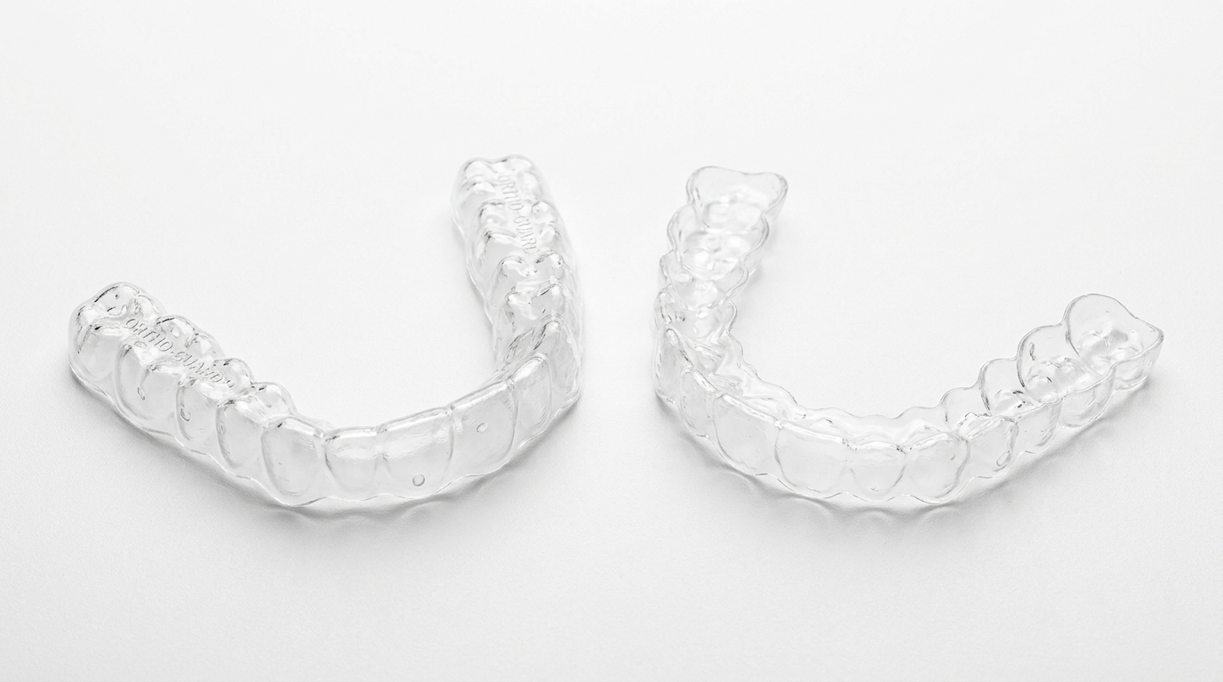 Two clear dental trays side-by-side on a white surface showing the difference between an aligner and a retainer