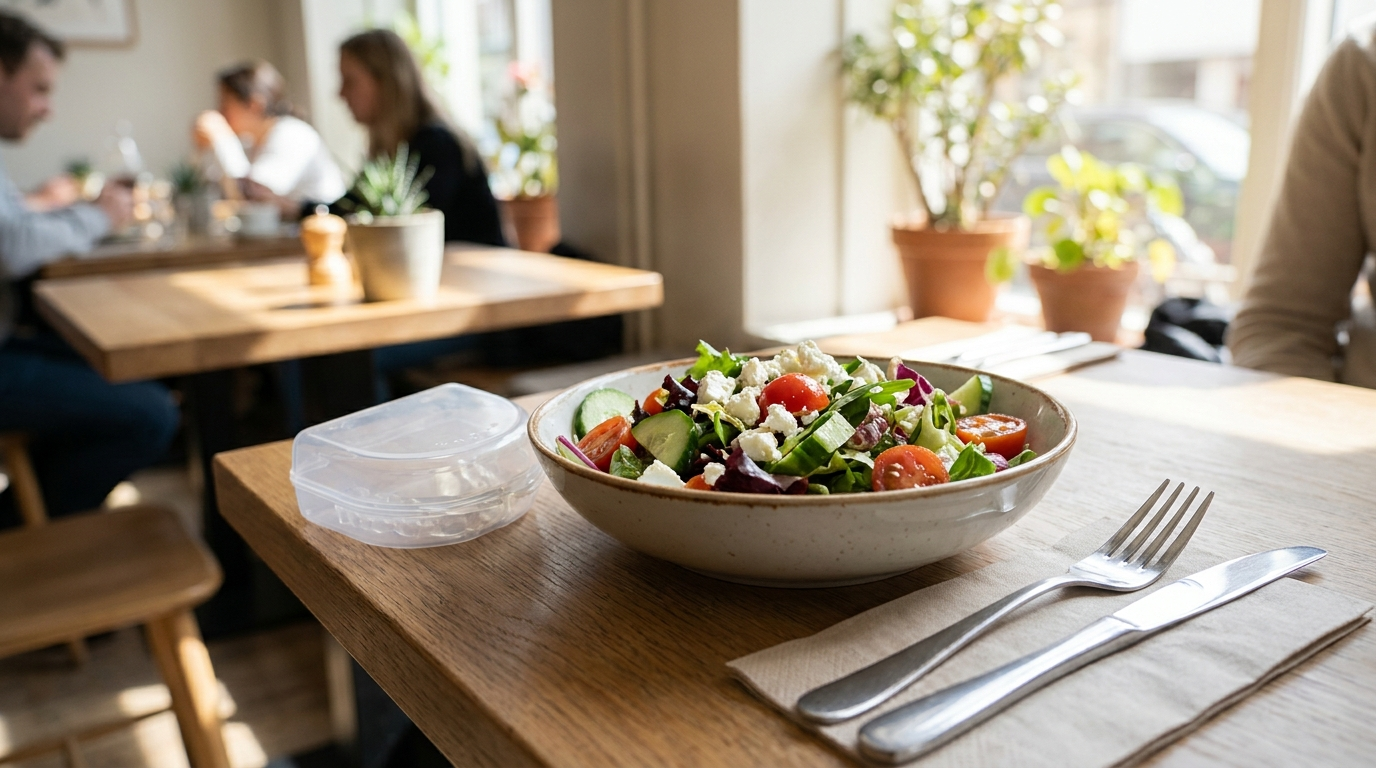 Clear retainer case on a restaurant table beside a fresh salad bowl and cutlery