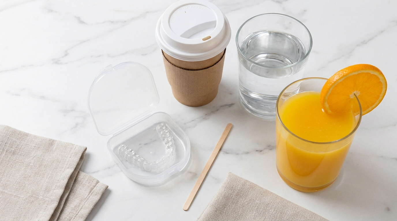 Top-down flat lay of a clear retainer case beside a coffee cup, glass of water, and orange juice on white marble
