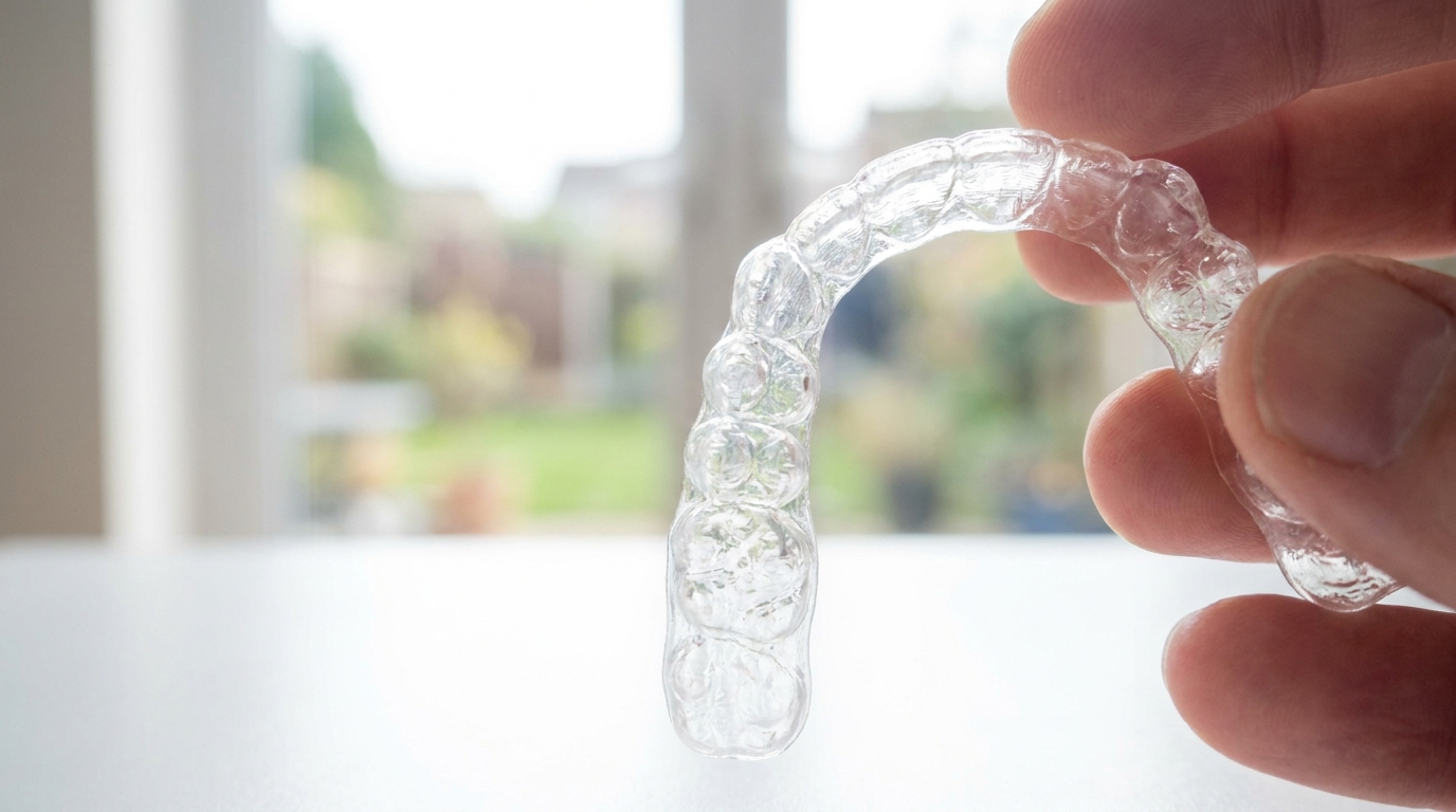 Clear dental retainer tray held up against a bright window with light passing through the transparent plastic