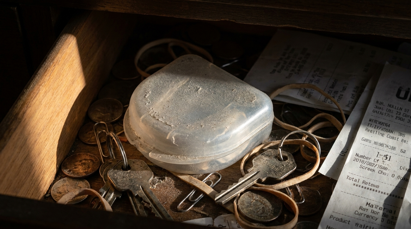 Dusty retainer case discovered at the bottom of a junk drawer surrounded by keys and coins