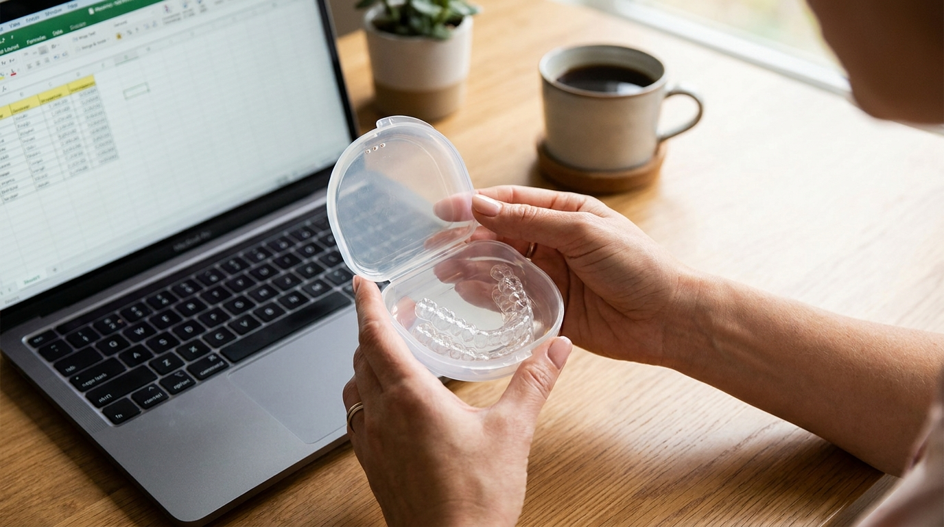 Adult professional hands holding an open clear retainer case over an office desk
