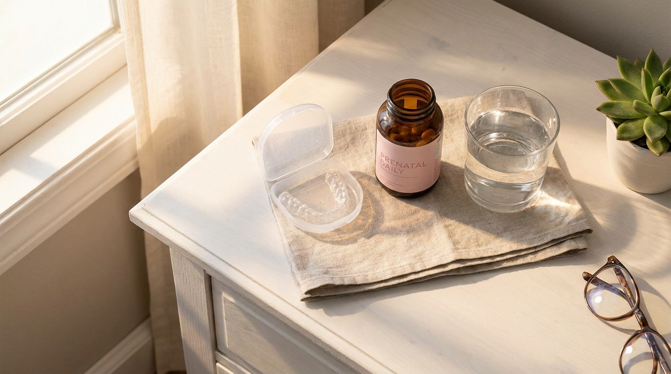 Clear retainer case beside prenatal vitamins and a glass of water on a white bedside table
