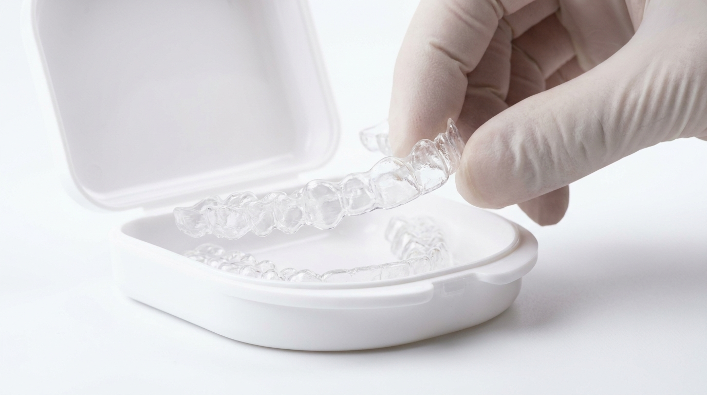 Brand new pristine clear dental retainer tray being lifted from its case