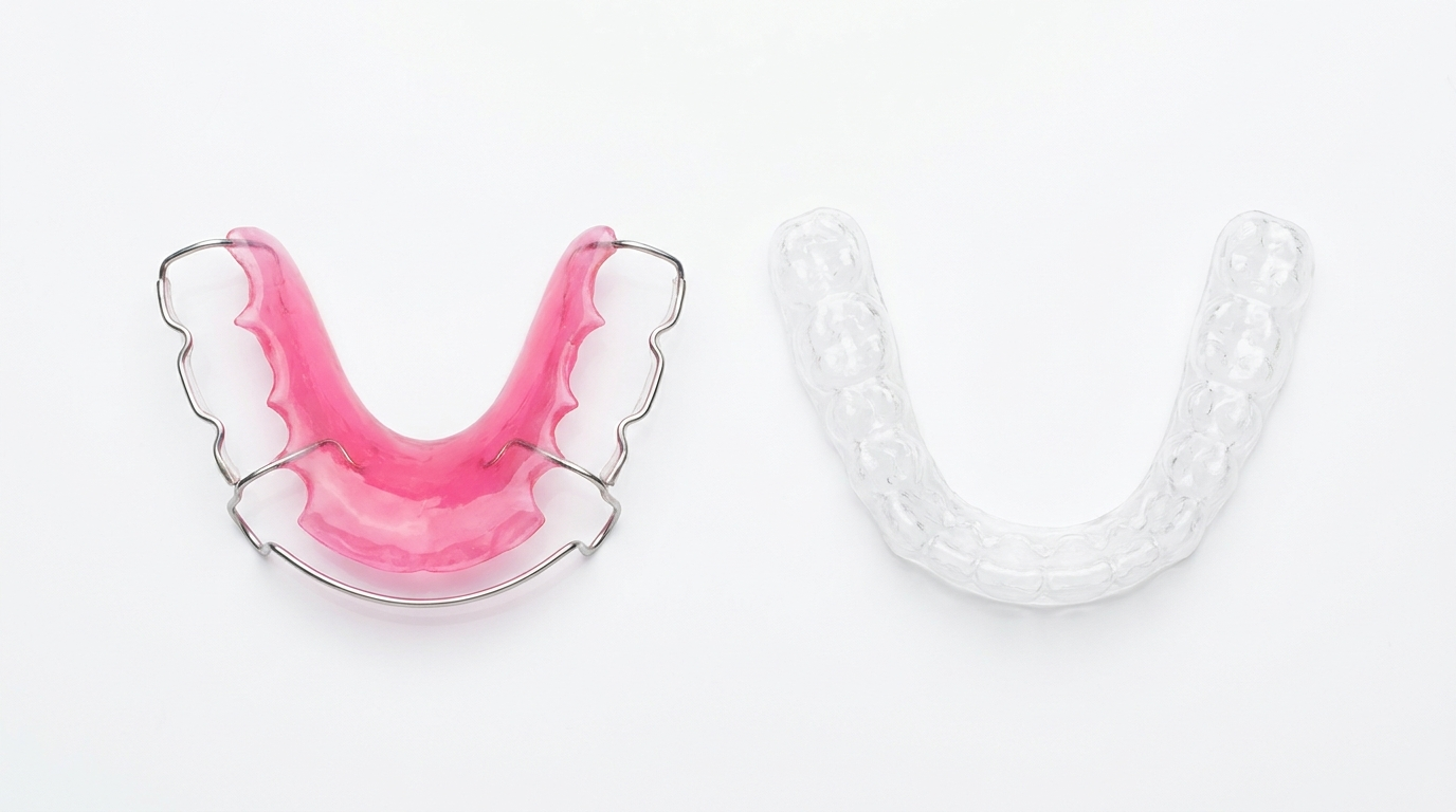 Side-by-side Hawley retainer with pink acrylic on the left and slim clear Essix tray on the right