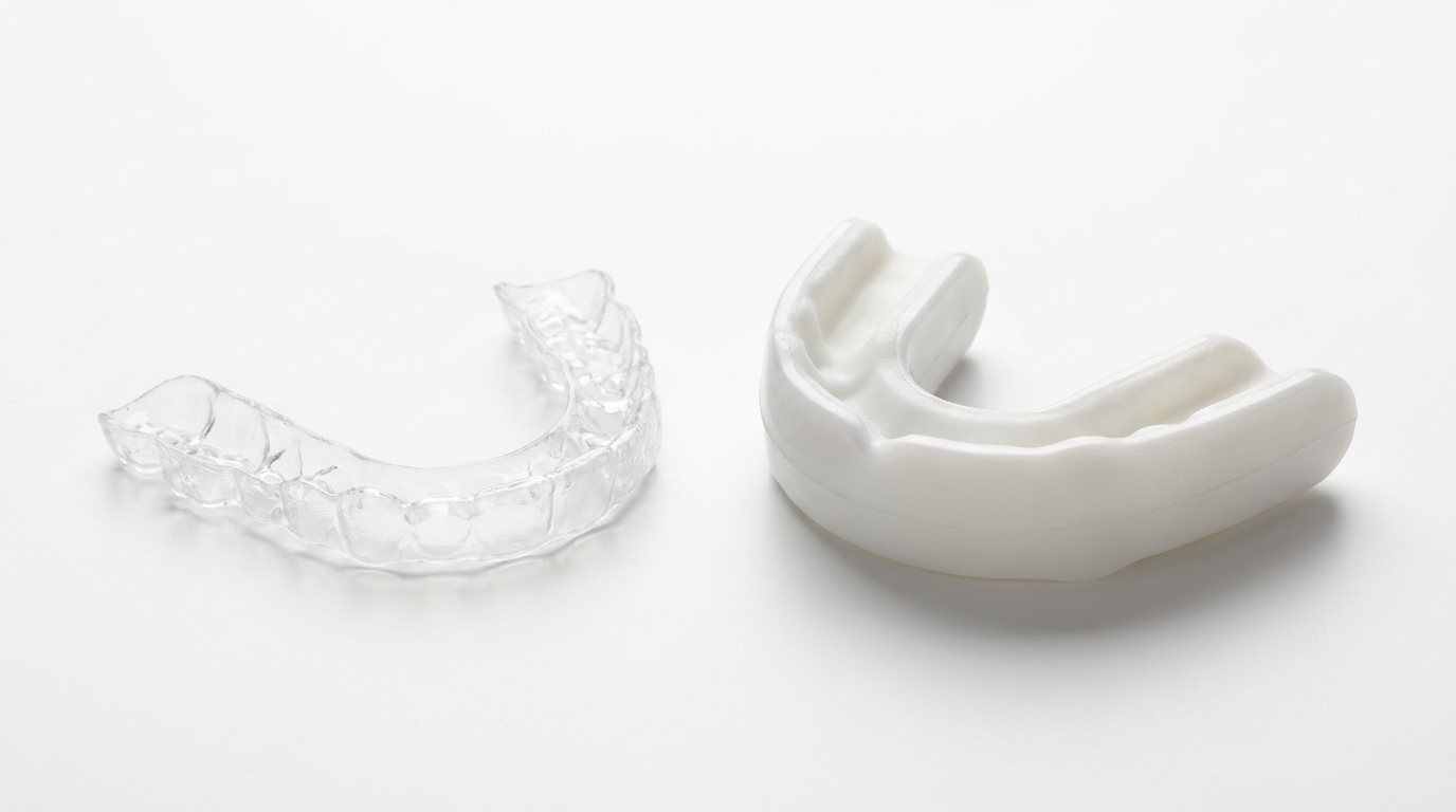 Thin clear retainer beside a thick dual-layer white occlusal night guard on white background