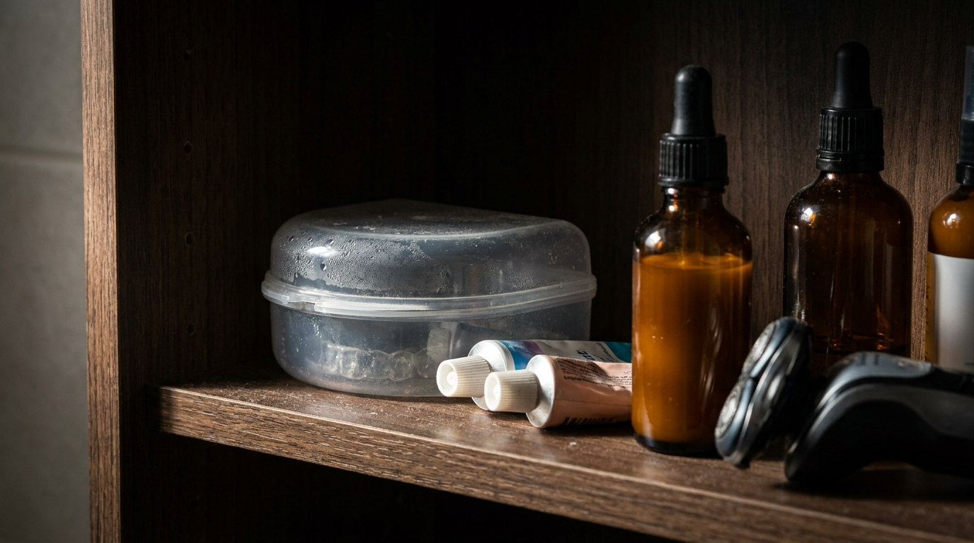Clear retainer case sitting forgotten at the back of a crowded bathroom cabinet