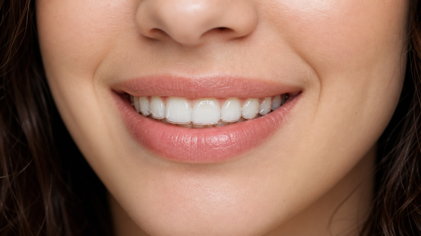 Close-up portrait of a young woman's lower face with a barely visible clear dental retainer in her teeth