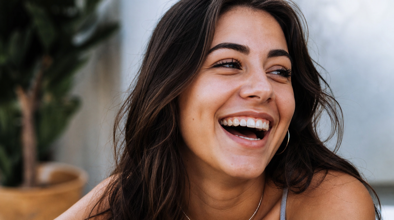 Candid portrait of a young woman mid-laugh with a barely perceptible clear dental retainer visible in her teeth