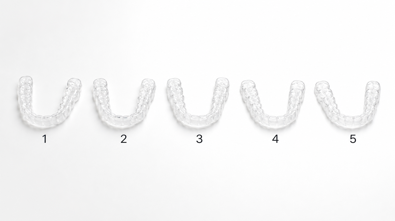 Row of clear aligner trays in sequence showing treatment progression