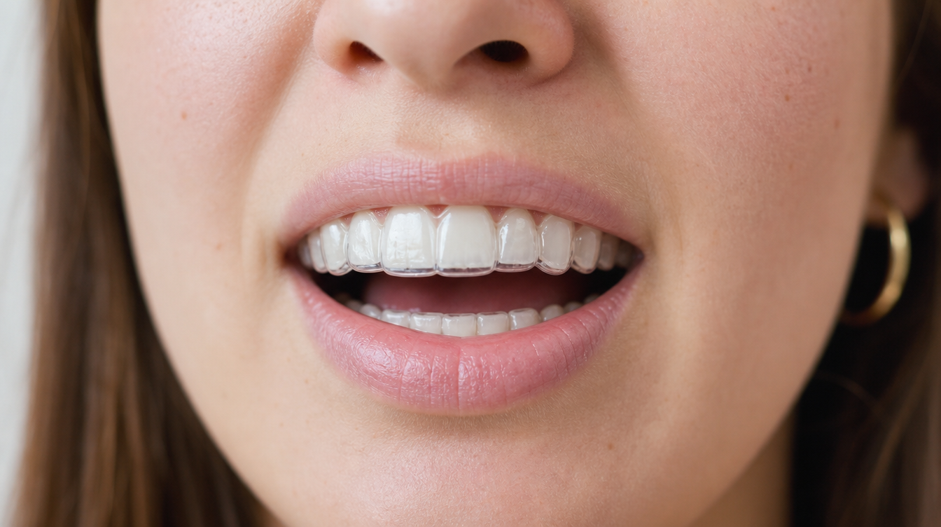 Close-up of a woman speaking with clear aligners visibly fitted on her teeth