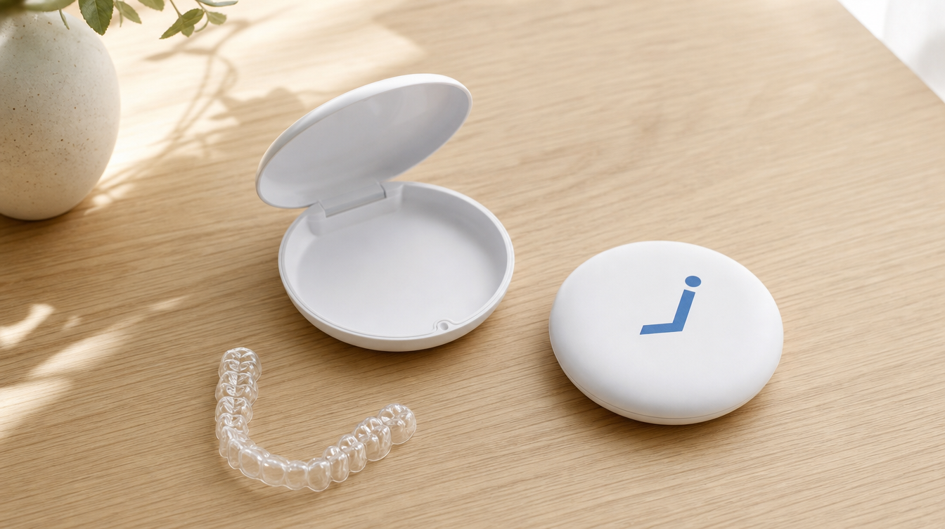 Round white Jawology aligner case open on a timber surface beside a clear aligner tray