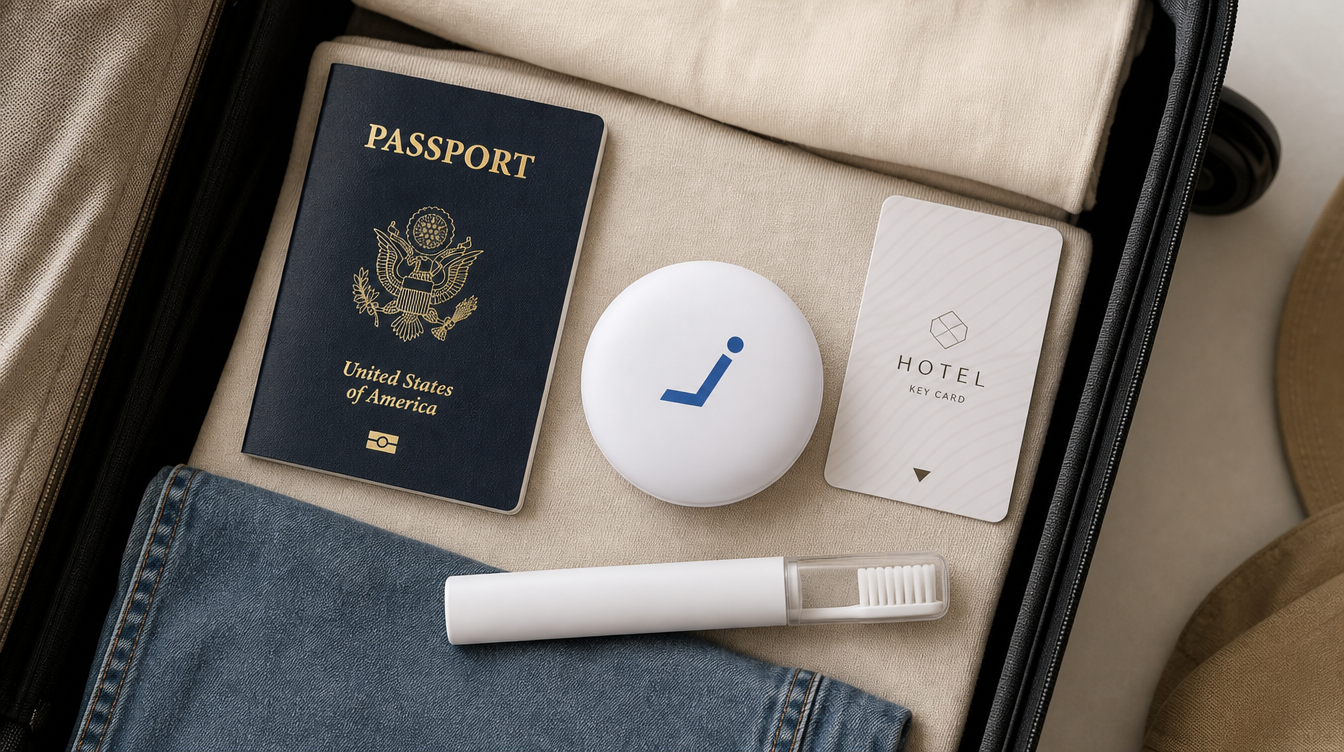 Jawology aligner case packed with travel essentials in an open suitcase