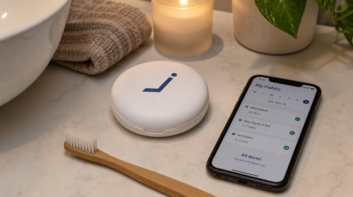Jawology aligner case on bathroom counter beside toothbrush and habit tracking app